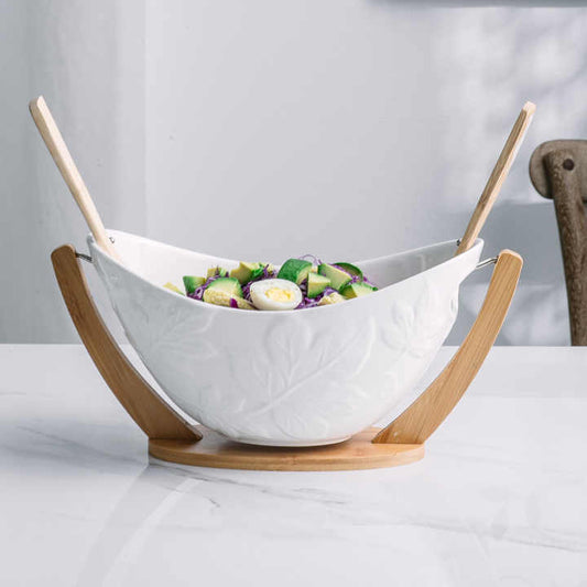 Dishwash Safe Over Size Ceramic Bowl With Hand Holder Oval Shape Ceramic Bamboo Salad Bowl