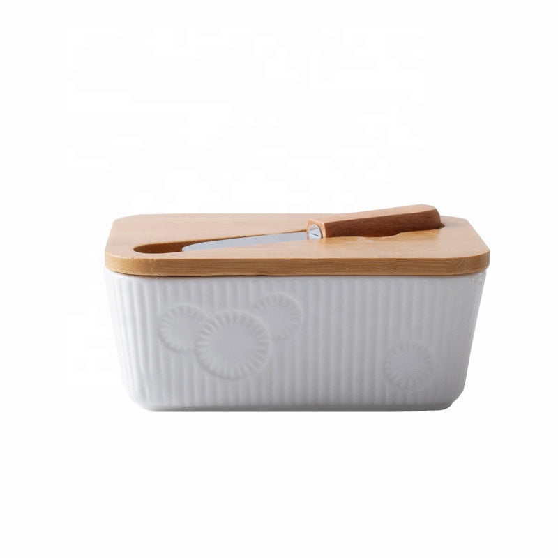 White Rectangle Butter Keeper Box Ceramic Butter Dish With Wooden Lip And Knife Embossing 330ml Butter Dish