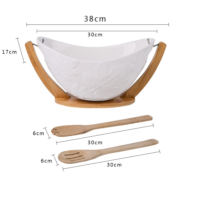 Dishwash Safe Over Size Ceramic Bowl With Hand Holder Oval Shape Ceramic Bamboo Salad Bowl