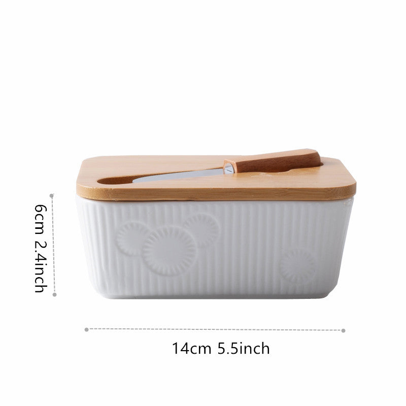 White Rectangle Butter Keeper Box Ceramic Butter Dish With Wooden Lip And Knife Embossing 330ml Butter Dish