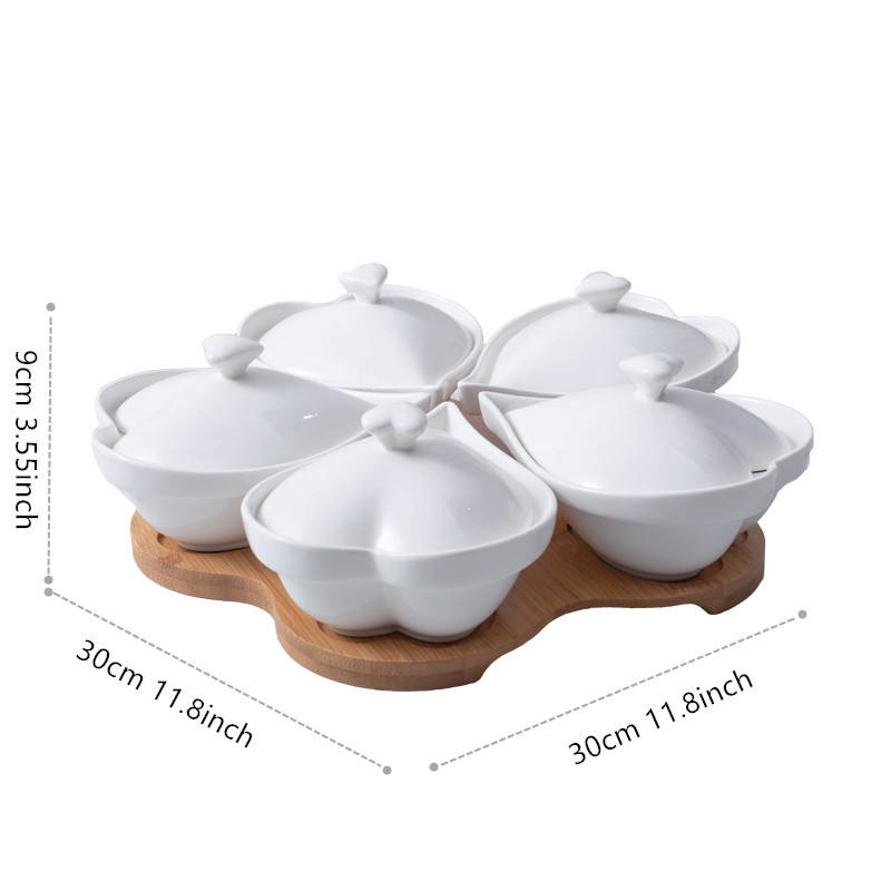 Porcelain Corn Nuts Bowl Set With Bamboo Stand Minimalist White Ceramic Snack Serving Bowl Set